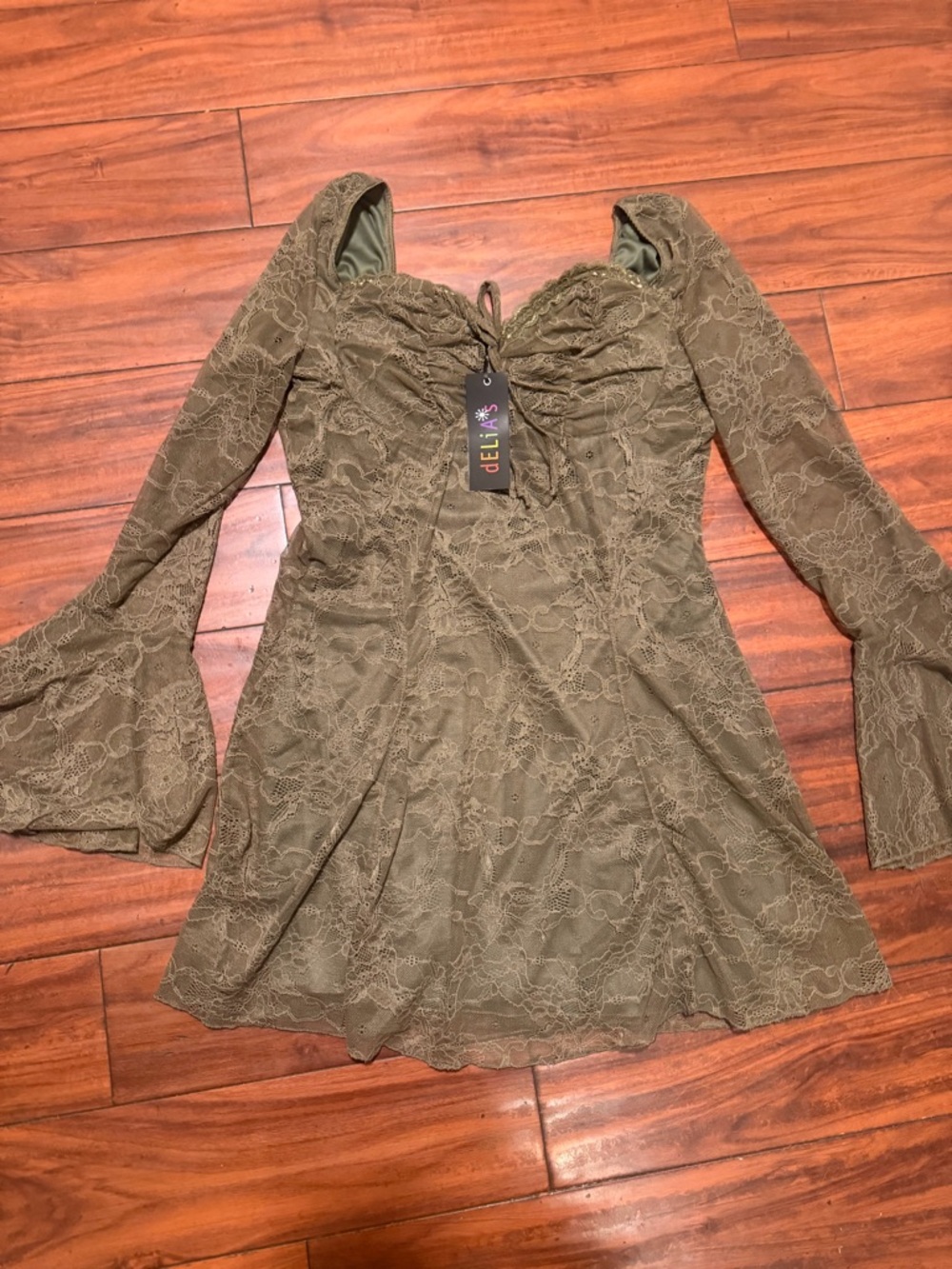 dELiA*s Olive Green Lace Long-Sleeve Sweetheart Mini Dress - Picture 10 of 11